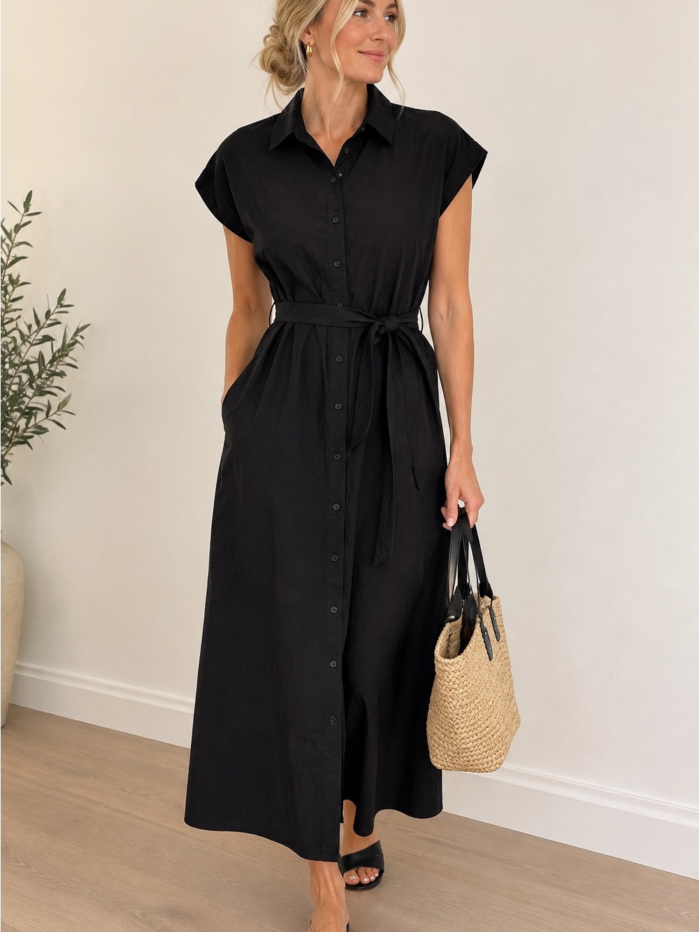 Club Monaco Black Button-Front Maxi Silk Shirt Dress - Picture 2 of 6
